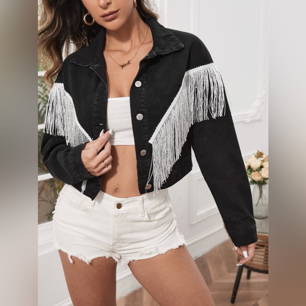 SHEIN Fringe Trim Drop Shoulder Denim Jacket
